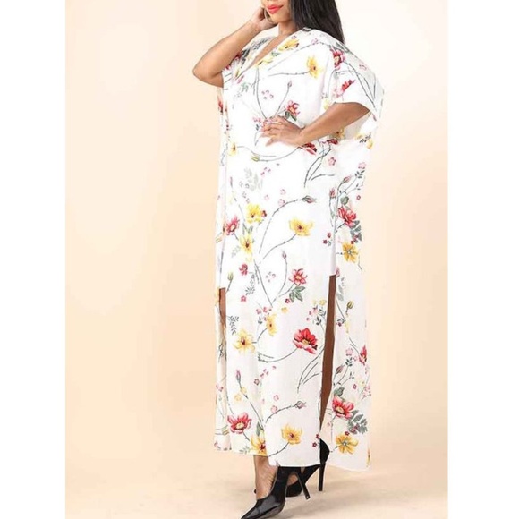 White Floral Kimono Cardigan Duster Maxi Tunic - Picture 5 of 5